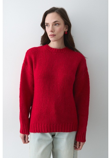 Kırmızı Uzun Kollu Relax Kazak - 251091 Kırmızı