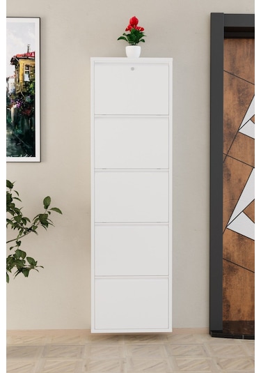 Kilitli 5 Kapaklı Metal Ayakkabılık Beyaz Beyaz