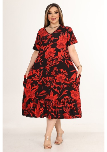 Melsay Butik Göğüsten Robalı V Yaka Kısa Kollu Kırmızı Palmiye Desenli Cepli Elbise Kırmızı