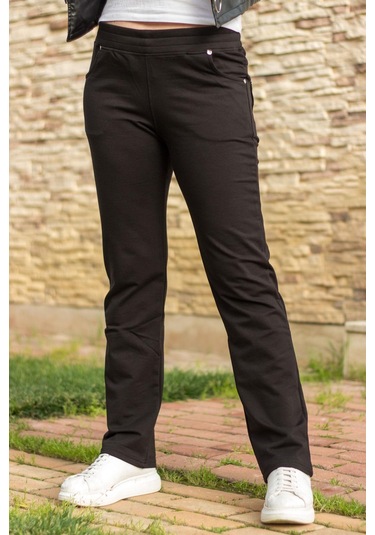 Kadın Siyah Ön Arka Cep Gizli İpli Lastikli Rahat Pantolon Eşofman Altı 21KESAPANT Siyah