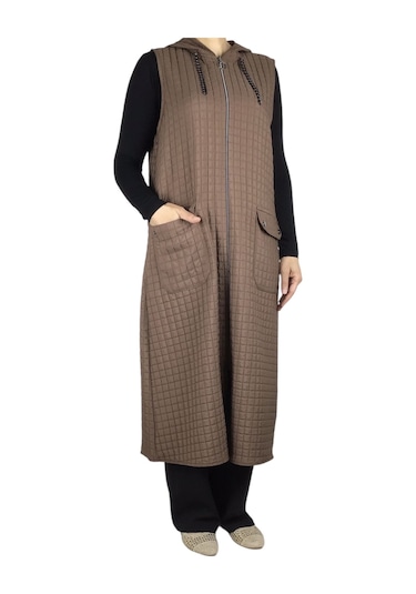 Önü Fermuarlı Kapüşonlu Üstten Cepli Kapitone Yelek Kapitone2 Kahverengi