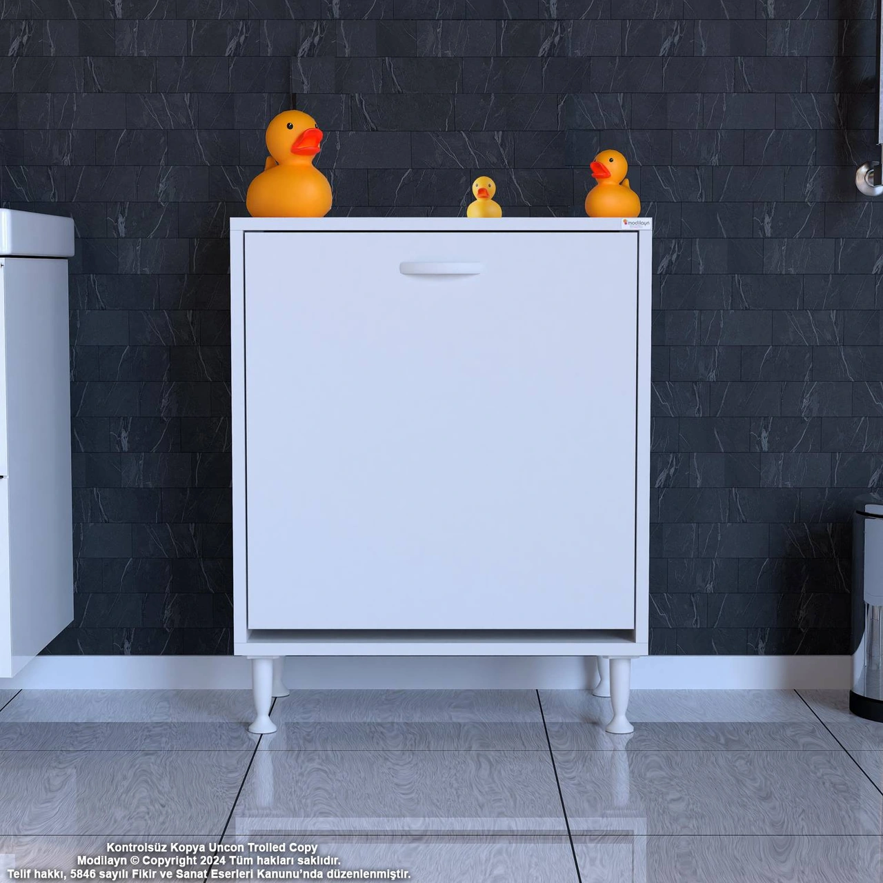 Efil Banyo Dolabı Düzenleyici Dolap Tek Gözlü Sepet Hazneli Mini Banyo Dolabı 65x75x32,5 Cm Beyaz