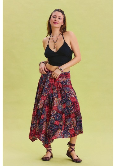 Beli Bağlamalı Salaş Midi Kloş Etek Kırmızı