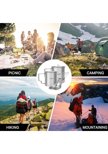 Fortunelane 300ml + 200ml Titanyum Bardak Çatal Kaşık Setli Katlanır Titan, Gümüş Renk Gümüş