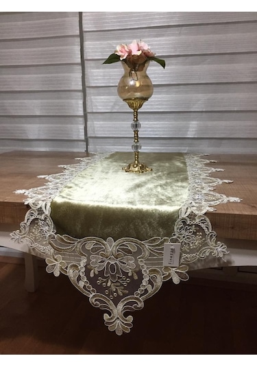 Gelin Çeyiz Yeşil Kadife Dantelli Runner