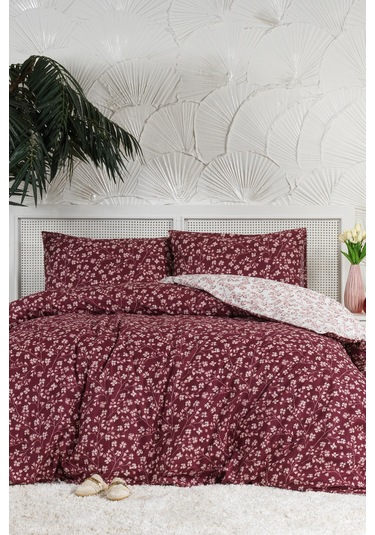 Elart Jasmin Nevresim Takımı Çift Kişilik %100 Pamuk Ranforce Lastikli Çarşaf 200x220 Cm Bordo Bordo