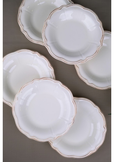 Tabak Evi Porselen Antik Stoneware Çukur Tabak 22cm 6 Kişilik 6 Parça Krem