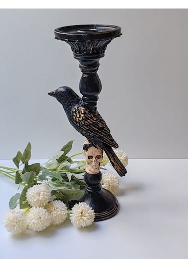 Gotik Tasarım Siyah Kuş Ve Kafatası Şamdan, Mumluk, El Yapımı, Ev Dekoru Siyah