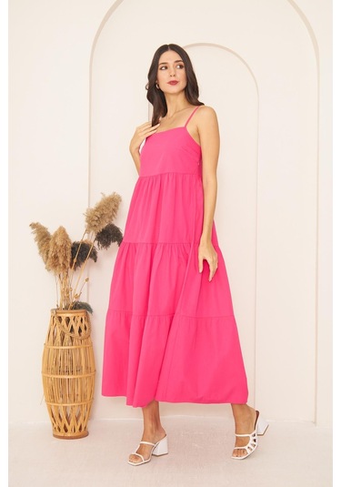 Fuşya İnce Askılı Katlı Elbise Dm1034 Fuşya