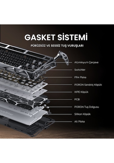 Gravastar Mercury K1 Pro Rgb Kablosuz Mekanik Gaming Klavye, Alüminyum Çerçeveli, İngilizce Q, Cyber