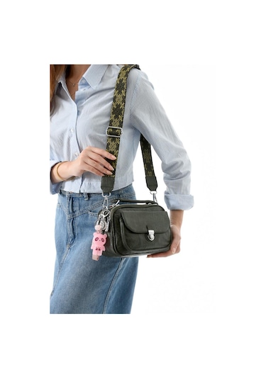 Vegan Deri Kadın Postacı Çanta 21 15 Cm Yıkama Suni Deri Omuz Çantası Çapraz Askılı Çanta Yeşil