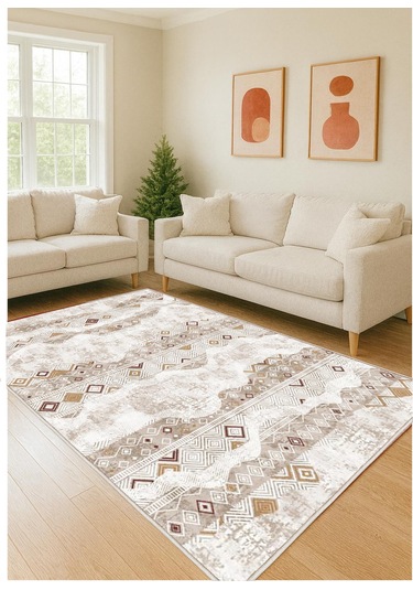 Krem Dijital Baskı Salon Halısı Kaymaz Tabanlı Yıkanabilir Halı Yolluk 532 Krem