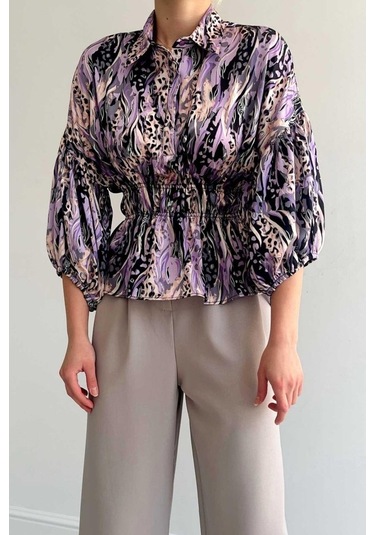 Beli Lastikli Saten Gömlek - Lila Karışık Çok Renkli