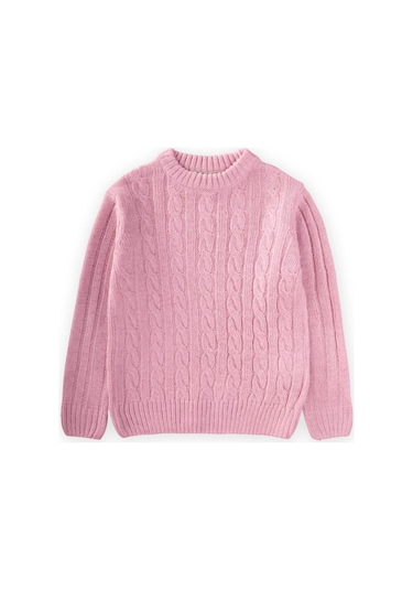 Cigit Saç Örgülü Kazak 1-8 Yaş Pudra Pembe Pudra Pembe