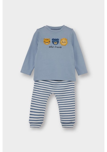 Defacto Erkek Bebek 3lü Takım Kapüşonlu Düğmeli Hırka Baskılı Uzun Kollu Tişört Çizgili Alt F2210a525aube88 Mavi