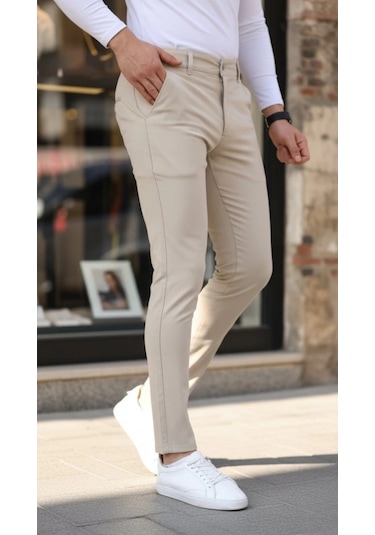 Defymoda Erkek Slim Fit Likralı Gabardin Pantolon Bej