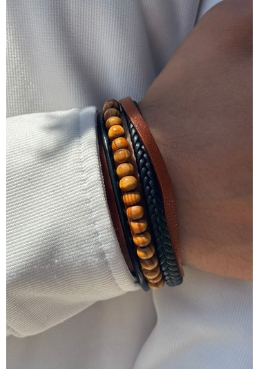 Taşlı El İşçiliği İle Üretilmiş Hakiki Deri Erkek Bileklik Sarı