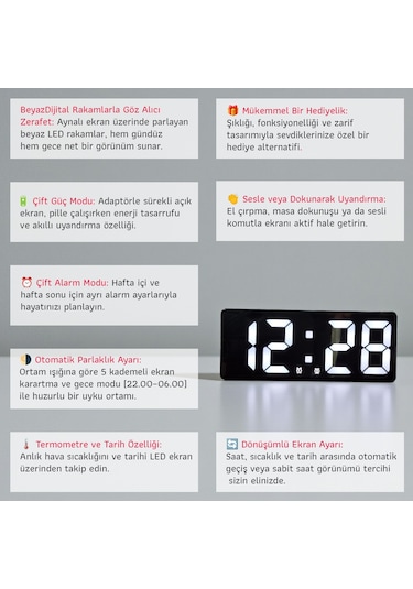 Upway Çift Alarmlı Dijital Masa Saati-aynalı Termometreli Tarihli Sese Duyarlı Beyaz Siyah - Beyaz