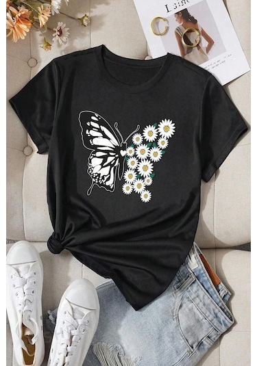 Unisex Pamuklu Ön Baskılı Papatya Kelebek Baskılı Kısa Kol T-shirt SIYAH