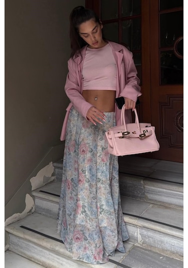Madmext Ekru Çiçek Desenli Vintage Şifon Maxi Etek Mg2776
