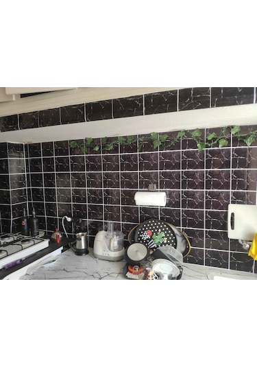 Mutfak Tezgah Arası Kendinden Yapışkanlı Folyo Kaplama Siyah Fayans Desen 60cmx100cm