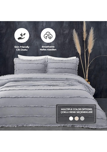 Evlen Home Pamuklu Echos Yatak Örtüsü Takımı Günlük Çift Taraflı Kişilik 3 Parça Dolgulu El İşi Gri