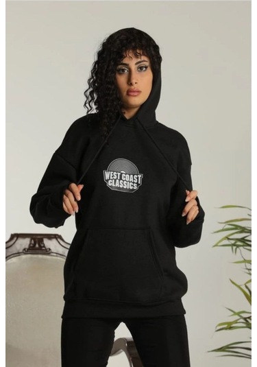 Unisex Sırt Baskılı Kapüşonlu Üç İplik Oversize Sweatshirt - Siyah Siyah