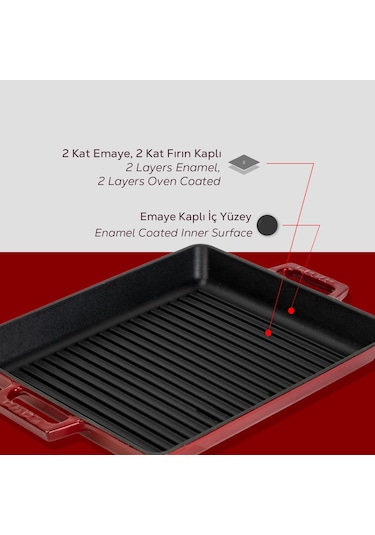 Lava Döküm Dikdörtgen Izgara Tavası Döküm Demir Yekpare Çift Kulplu Ölçü 26x32cm.-bordo Bordo