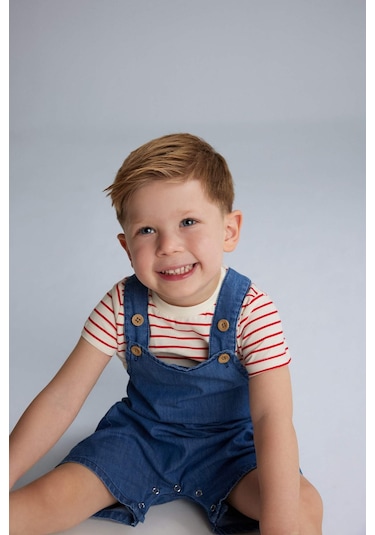 DeFacto Erkek Bebek 2'li Takım Çizgili Kısa Kollu Tişört Jean Salopet Tulum E7934A525SMBE394 Mavi