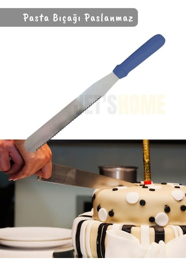 Pasta Bıçağı Tırtıklı Pasta Spatulası Paslanmaz Çelik 38 Cm Mavi-gümüş