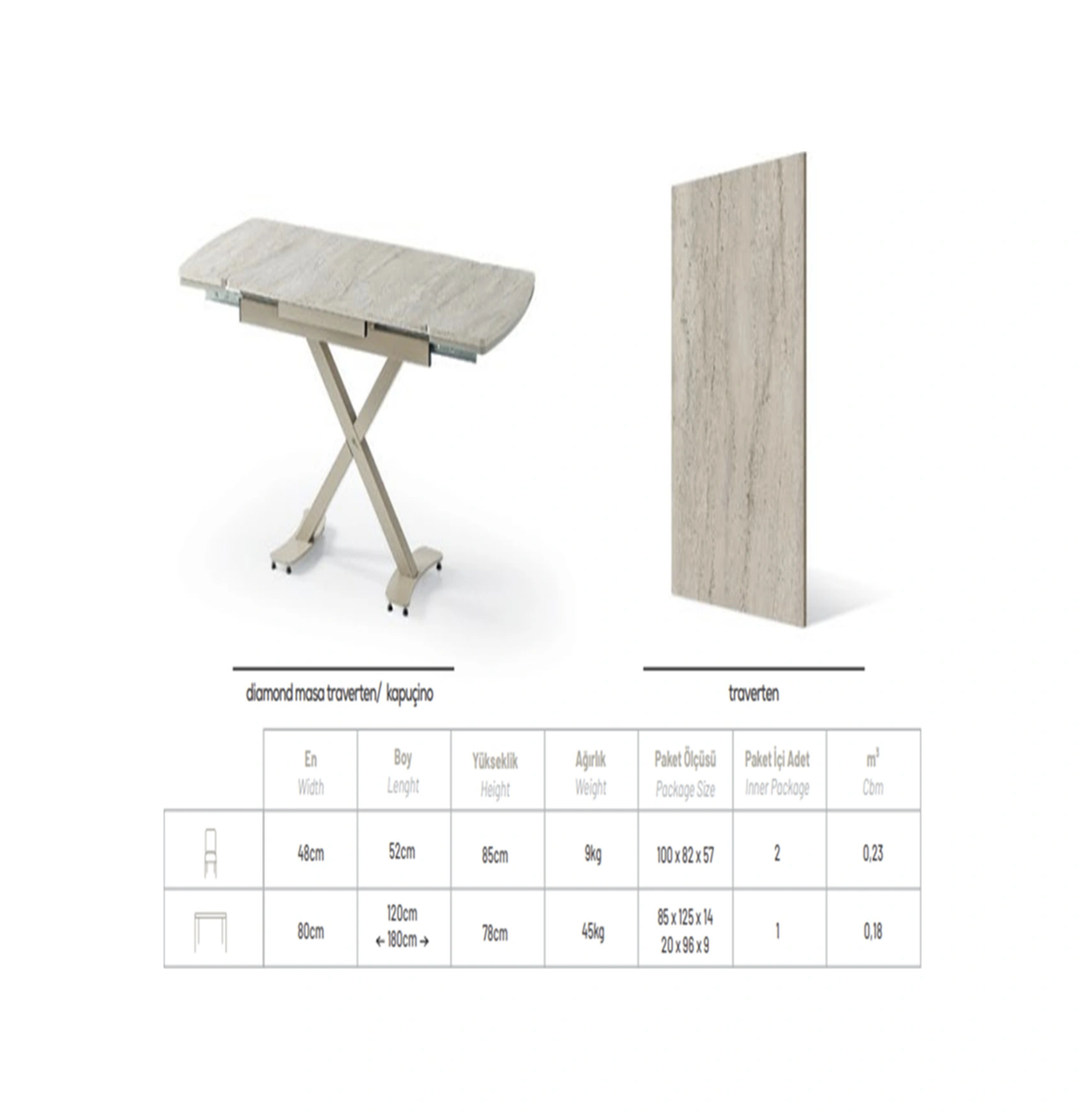 Dengema Diamond Açılır Masa Takımı Traverten Desen Kapuçino Metal Ayak, 4 Sandalyeli, 80x120/180 Cm Traverten - Kapuçino Ayak Dengema Diamond Açılır Masa Takımı Traverten Desen Kapuçino Metal Ayak, 4 Sandalyeli, 80x120/180 Cm Traverten - Kapuçino Ayak