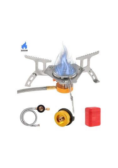 Yaozixa Taşınabilir 3000w Camping Ocağı - Piezo Çakmaklı, Ateş Kontrolü, Uzun Gaz Tankı Adaptörü Ve Hortum İle Gümüş