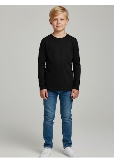 Zekids Erkek Çocuk Pamuklu Uzun Kol Basic T-shirt-16713 SIYAH