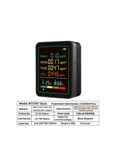 Shineyee 6-için-1 Çevre Monitörü: Pm2.5, Co2, Tvoc, Hcho, Sıcaklık, Nem Sensörlü, Dahili Pil, Siyah Standart