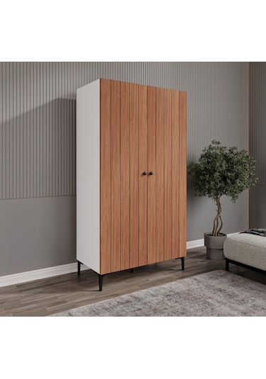 Esen 2 Kapılı 6 Bölmeli Bambu-beyaz Ayaklı Elbise Dolabı