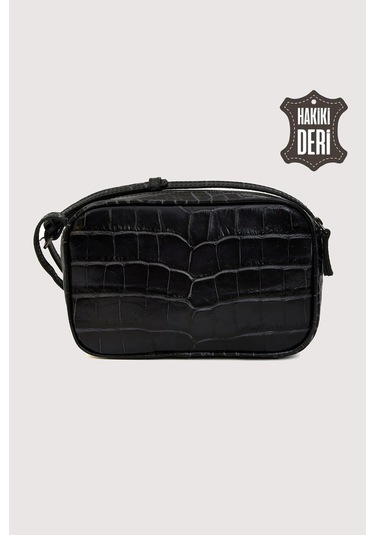Hakiki Deri Kadın Çapraz Omuz Çantası Siyah Kroko Smr8975 Siyah Kroko