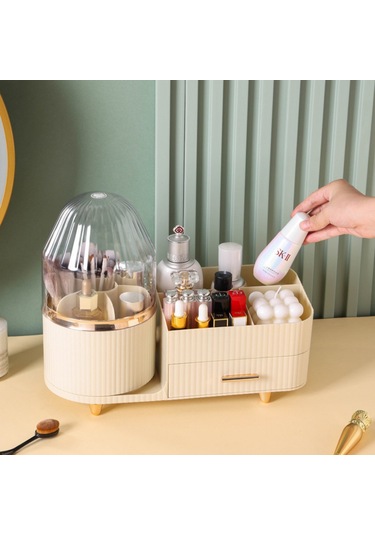 Makyaj Organizer Kozmetik Aksesuar Fırça Ve Takı Düzenleyici Çok Amaçlı Makyaj Kutusu Bej