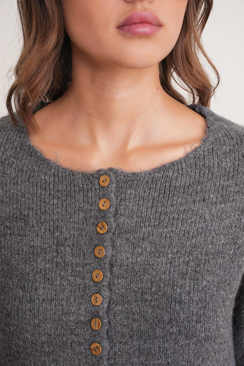 6957 Kadın Düğmeli Bisiklet Yaka Triko Hırka Antrasit Antrasit