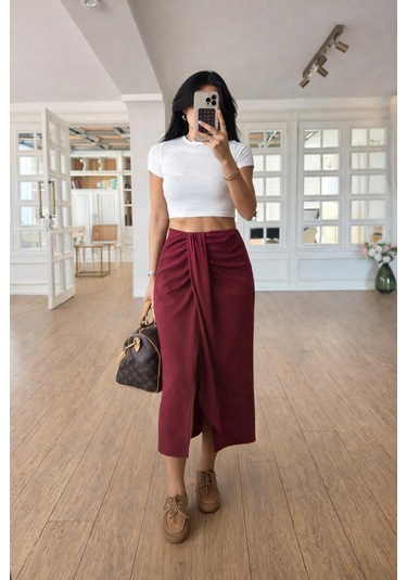 Lijuri Drape Detaylı Anvelop Etek 4089 Bordo