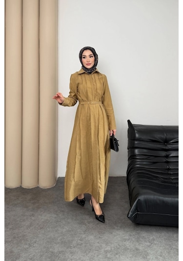 Mihran Butik Quenn Model Coupra Model Kumaş Kemer Detaylı Elbise Hardal
