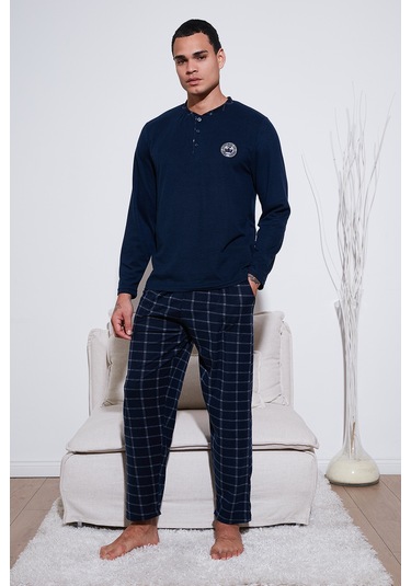Buratti Ekoseli Yumuşak Dokulu Regular Fit Uzun Kollu Erkek Pijama Takımı 609611030 Lacivert