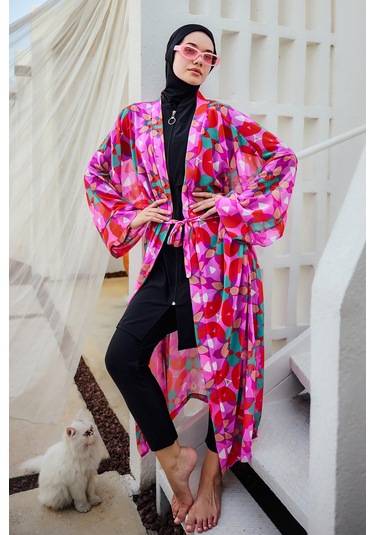 Remsa Tesettür Mayo Üzerine Tek Kaftan Kimono Pareo Pembe03 Rp024 Renkpare Pembe
