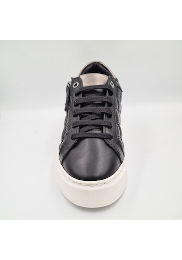 Mammamia D25ka-7305 Siyah Beyaz Hakiki Deri Kadın Deri Sneaker Siyah