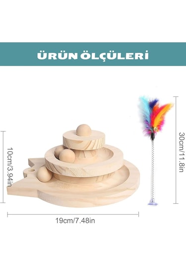 Ahşap Kedi Oyuncağı 3 Katlı Toplu Zeka Oyuncağı & Tüylü Olta Seti