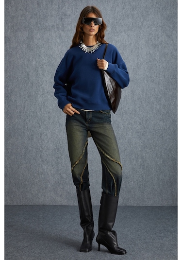 Vaneltına Kadın Içi Polarlı 3 Iplik Organik Pamuk Oversize Basic Bisiklet Yaka Lacivert Sweatshirt