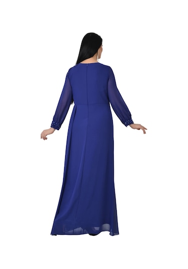 Lilas Xxl Kadın Büyük Beden Uzun Şifon Abiye Elbise 9573 Saks Saks Mavi