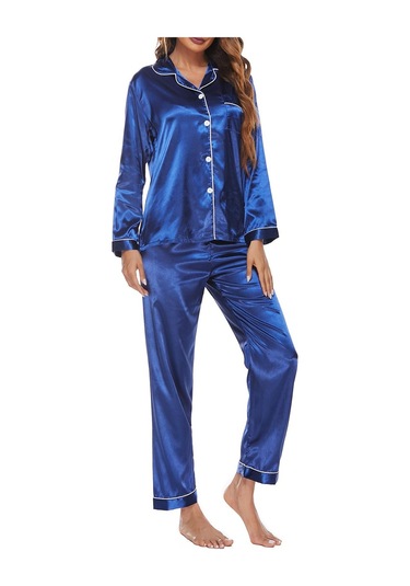 Kadın Pijama Takımı Uzun Kollu Çentikli Yaka Düğmeli Yumuşak Saten Pijama - Saks Mavisi Saks