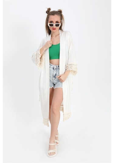 Kimono Palmiye Baskılı Püsküllü - Ekru-ekru Ekru