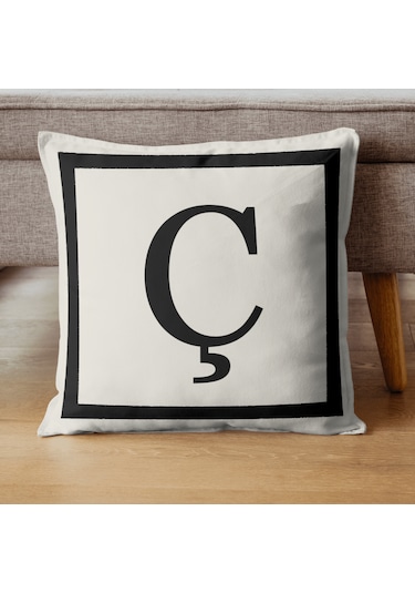 Harfli Kırlent Kılıfı - Ç Harfi - Dekoratif Kırlent Kılıfı Krem