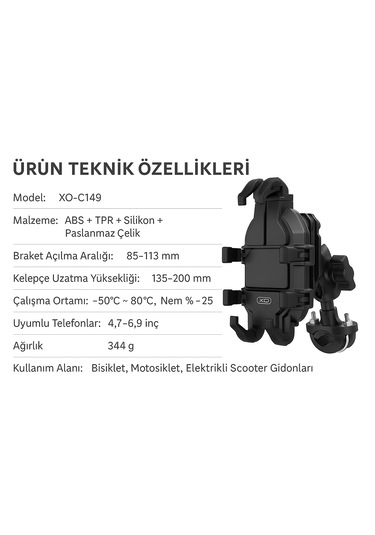 Titreşim Önleyici Gidon Telefon Tutucu Dayanıklı Abs Paslanmaz Çelik Yapı 4.7-6.9" Uyumlu Mat Siyah